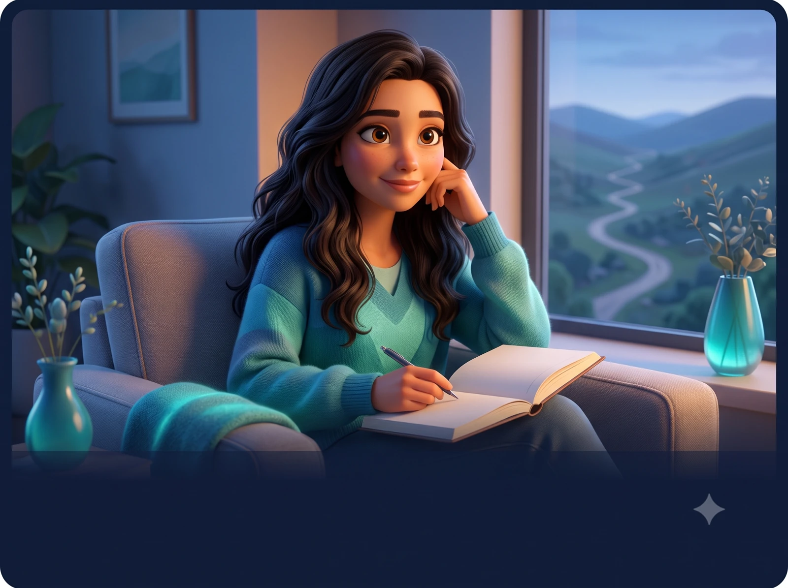 An adult woman reflecting with a journal in a comfortable room
