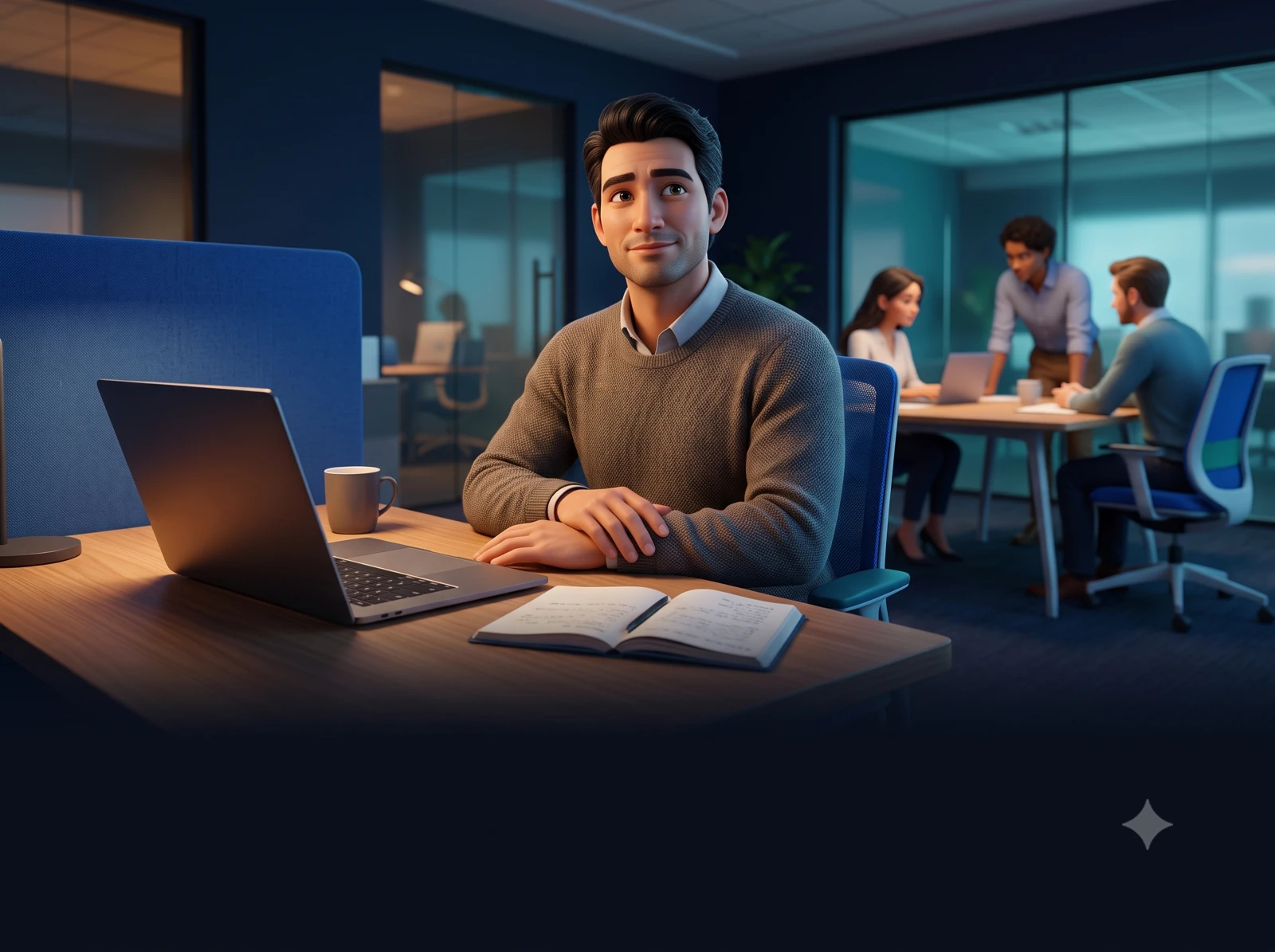 An adult employee pausing at a desk in a modern workplace