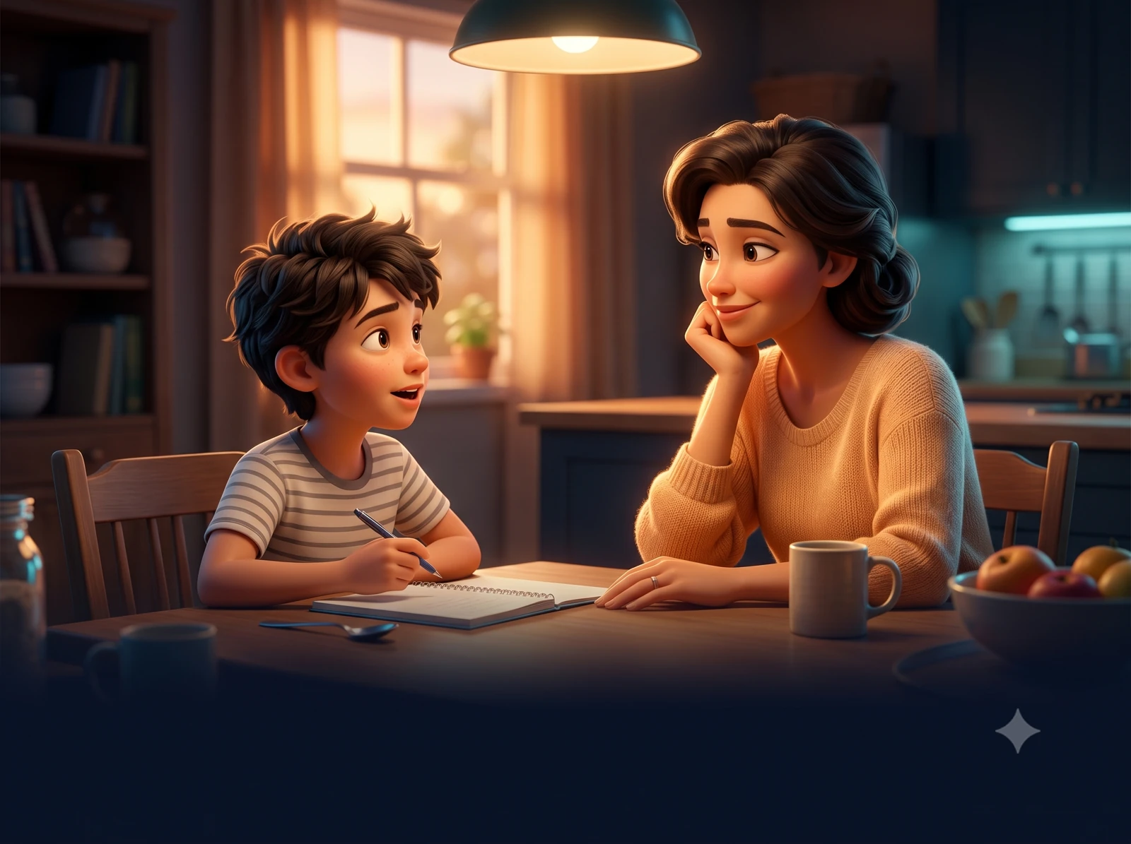 A parent listening attentively to a child at a table